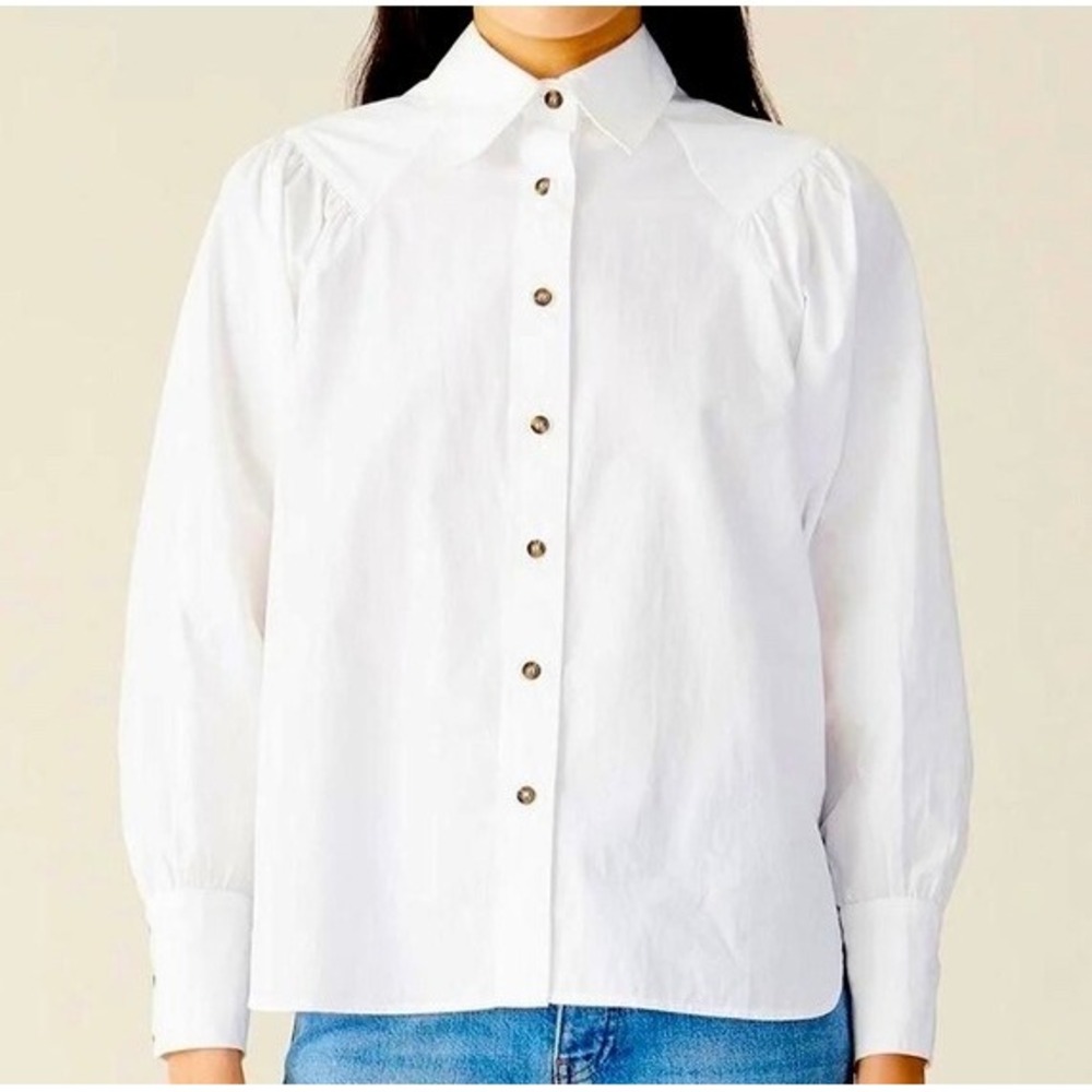 Ganni White Cotton Poplin Western Yoke Button Down Shirt Long Sleeve SMALL